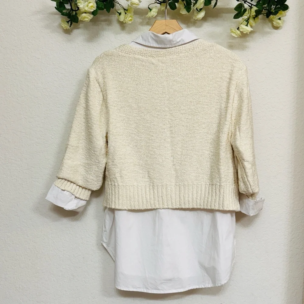 Elan • Cream Knit Cardigan with Attached White Button Up Shirt - Picture 4 of 4